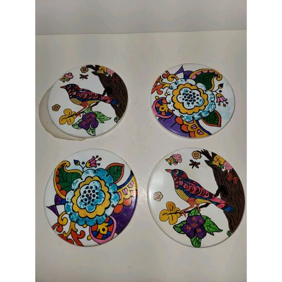 Vtg Birds & Flowers Coasters 4", Set of 4. - Picture 2 of 6